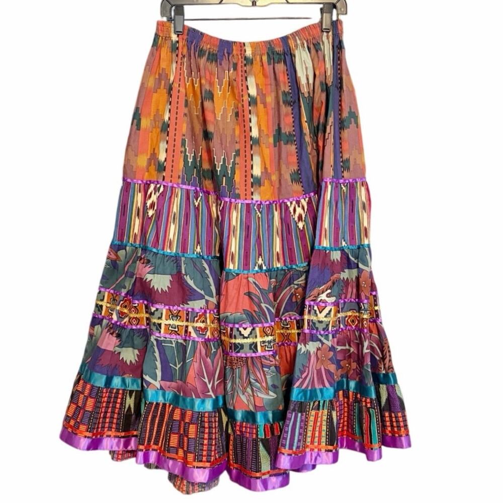 Anna Konya Vintage Tiered Full Midi Skirt Tribal Tropical